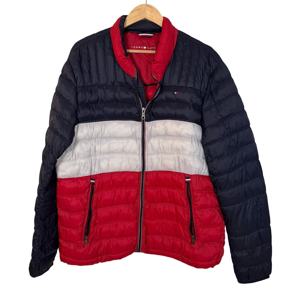 Tommy Hilfiger Puffer Jacket Mens XL Navy Red Colorblock Excellent Packable